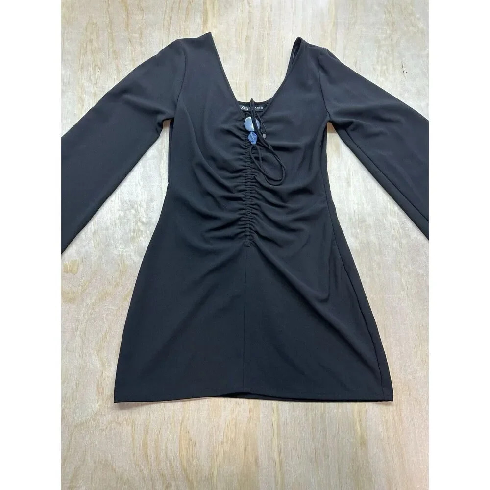 Zara Black Ruched Front‎ V-Neck Mini Dress Long Bell Sleeve Tie Detail Size M